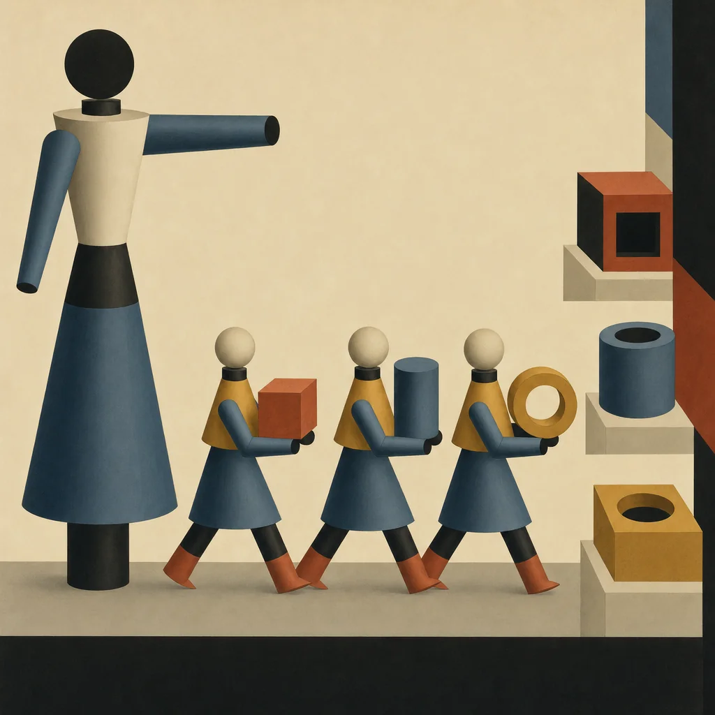 AI agent development company: one figure delegates to three small agents carrying tasks to their stations