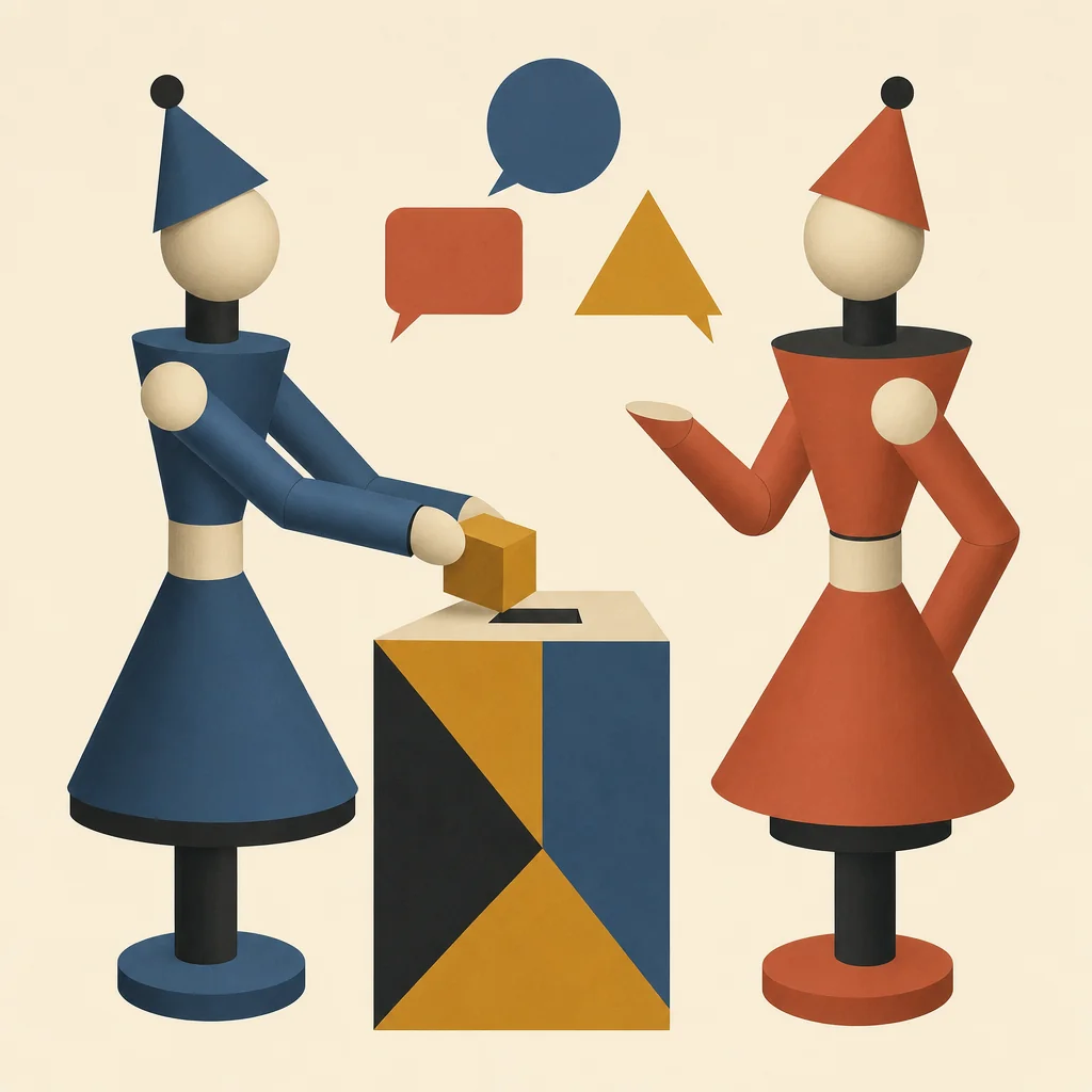 AI chatbot development service: two figures in conversation while one places a block — a chat that ends in an action