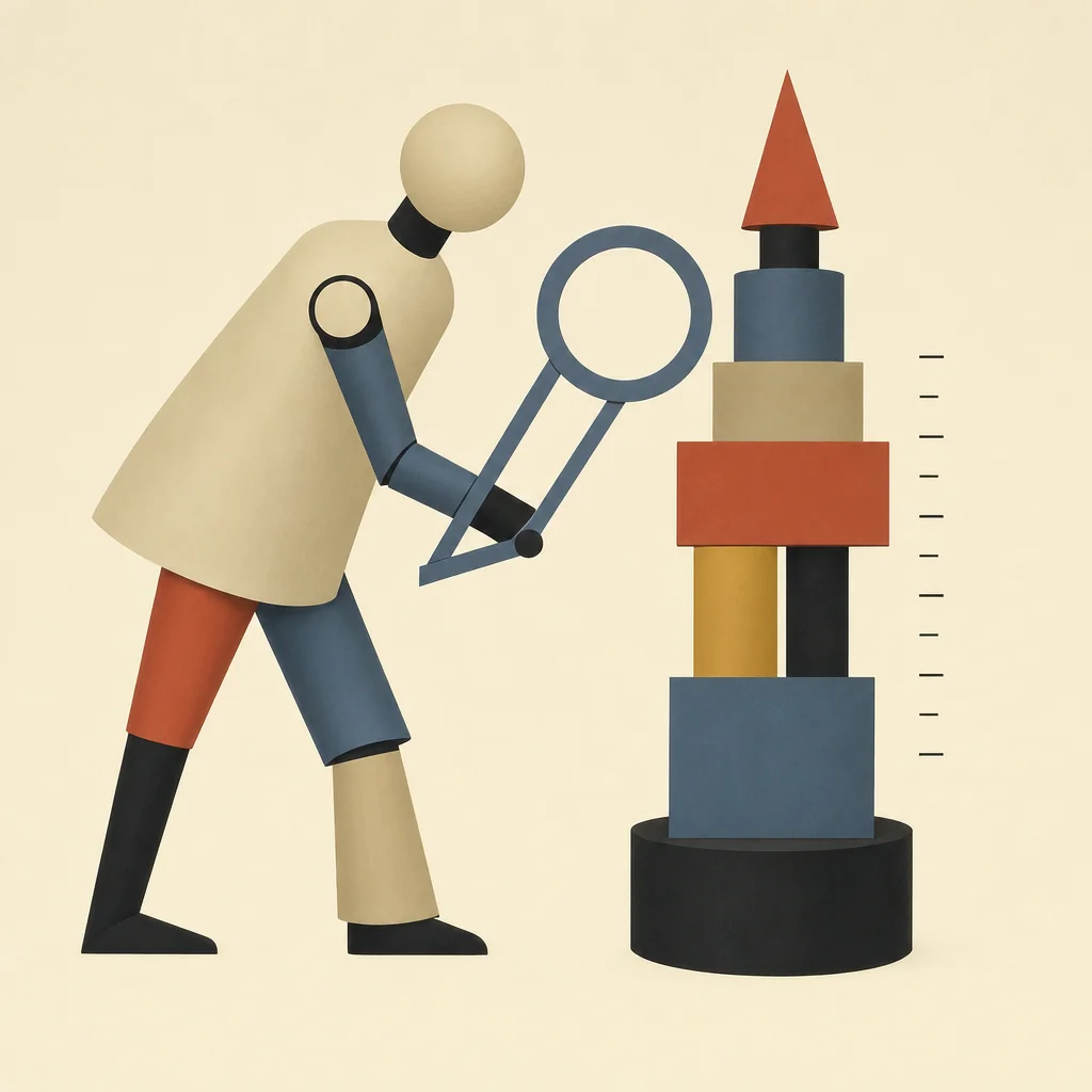 AI consulting services: a figure measures a tower of blocks with a caliper — audit before you build