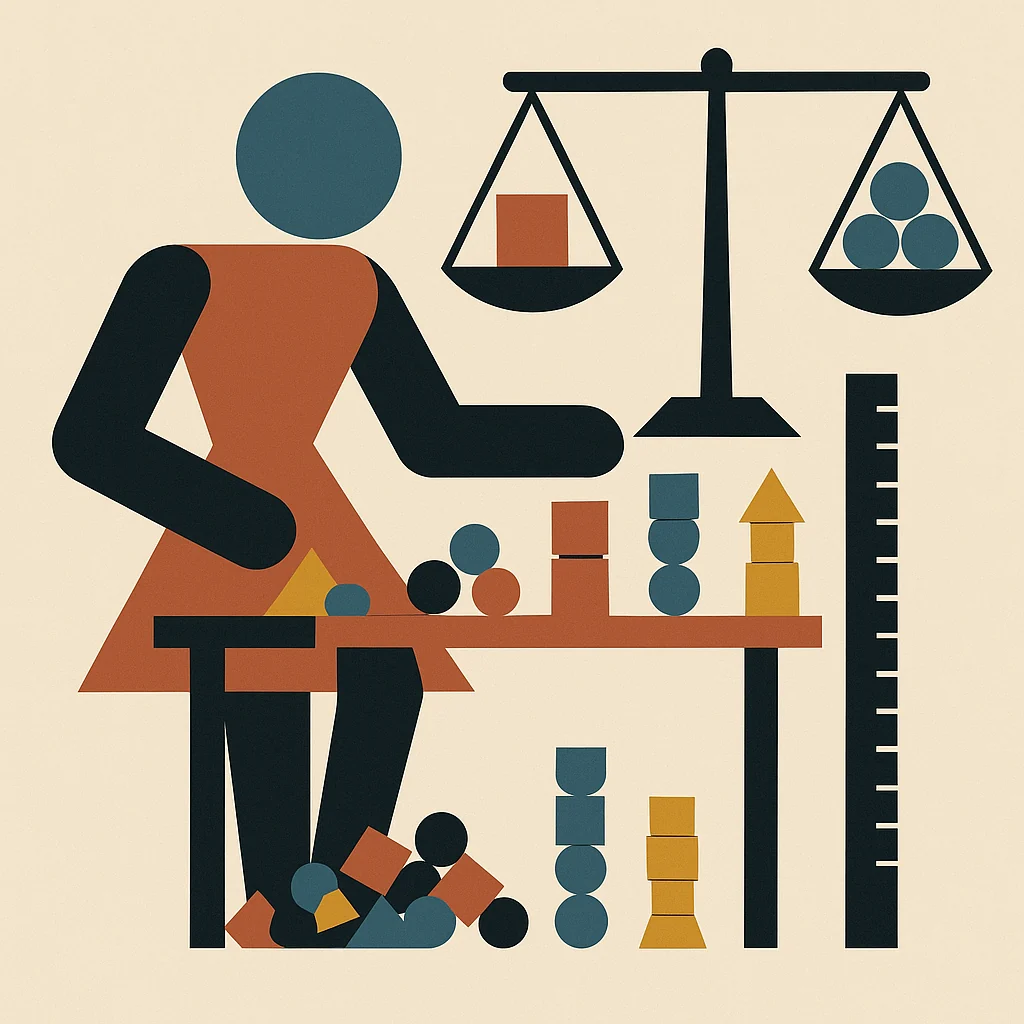 Data science consulting services: a figure sorts a pile of raw shapes into neat stacks next to a balance scale - order the data before you build