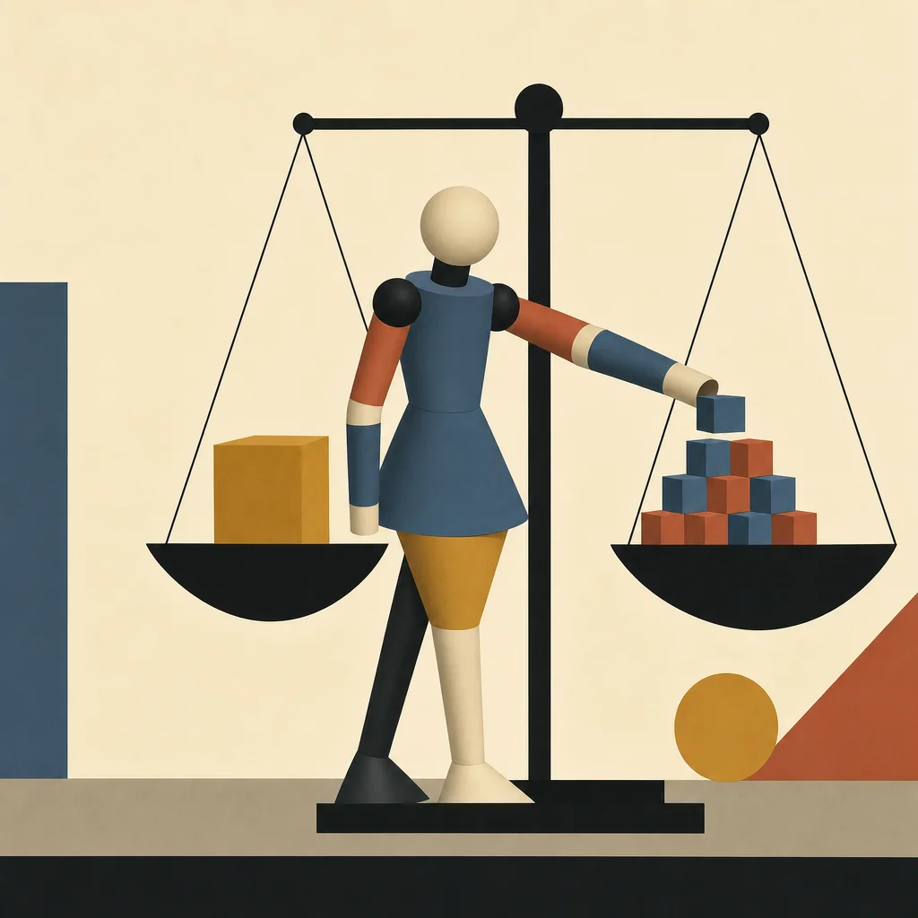 How much does an AI agent cost: a figure weighs one large block against a stack of small ones on a balance scale