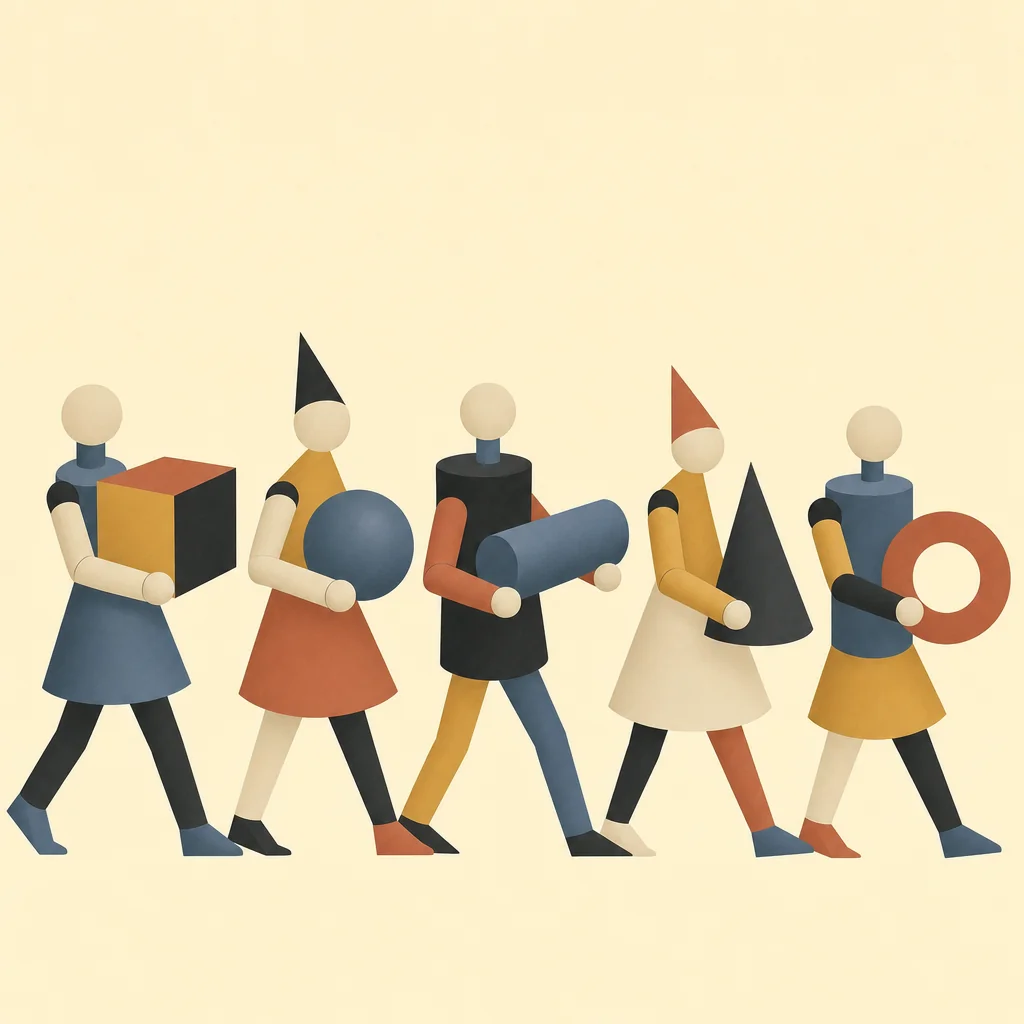 AI development services at BroutonLab: five figures carrying different geometric shapes — agents, voice, ranking, ML, and MLOps